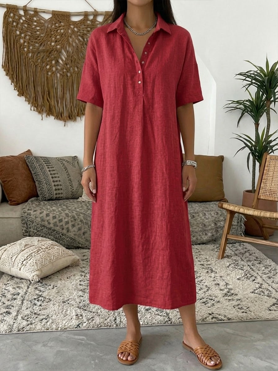 Cotton Linen Polo Dress with Casual Short-Sleeve Summer Dress