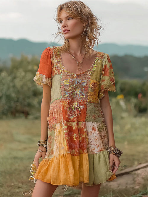 Boho Sunset Floral Patchwork Short-Sleeve Mini Dress
