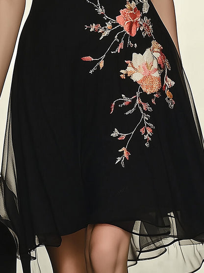 Chic Black Chiffon Dress with Floral Embroidery