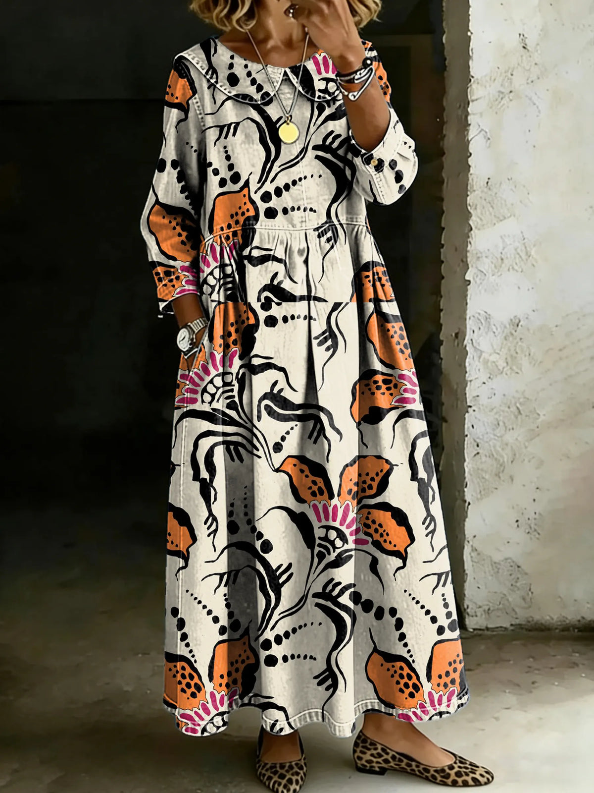Retro Floral Splicing Long-Sleeved Loose-Fitting Casual Denim Dress