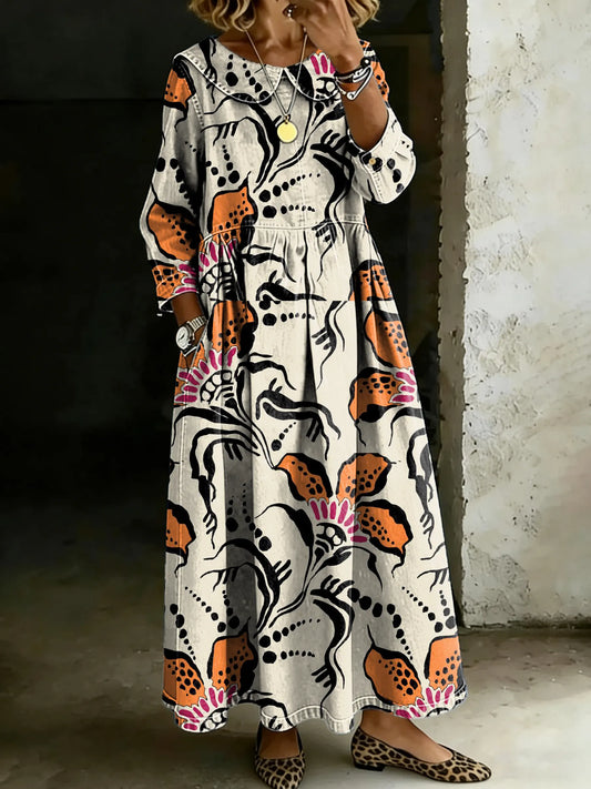 Retro Floral Splicing Long-Sleeved Loose-Fitting Casual Denim Dress