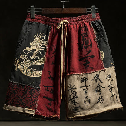 Retro Japanese Calligraphy and Dragon Art Pattern Linen Blend Shorts