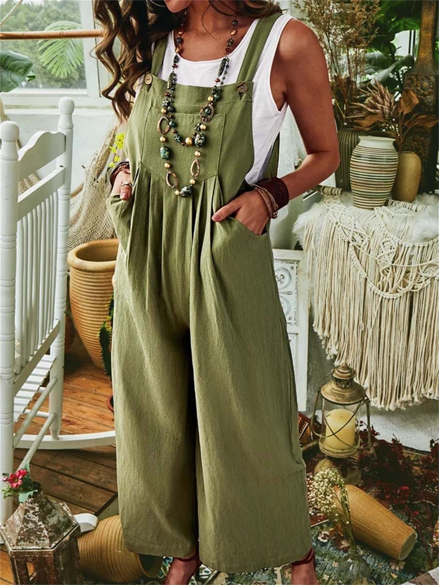 Solid Color Sleeveless Pocket Casual Linen Cotton Bib Wide-Leg Jumpsuit