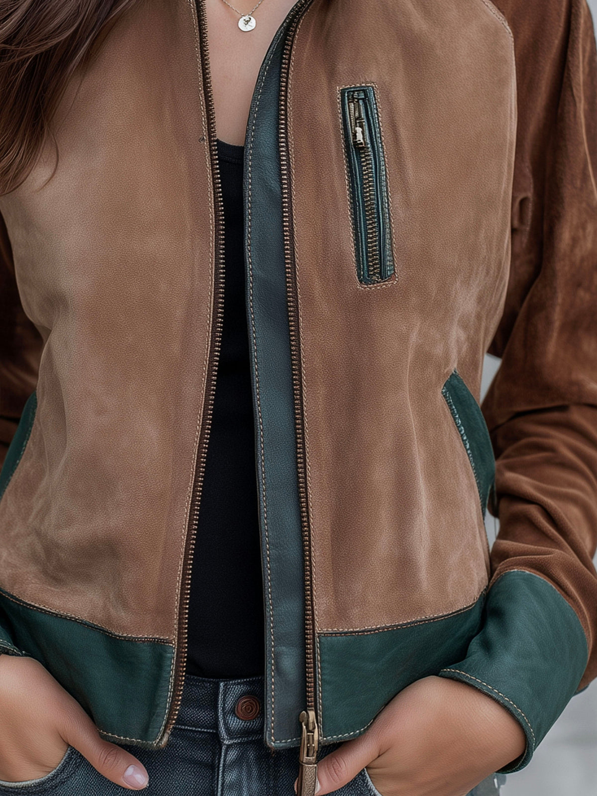 Retro Colorblock Zip-Up Microsuede Leather Jacket