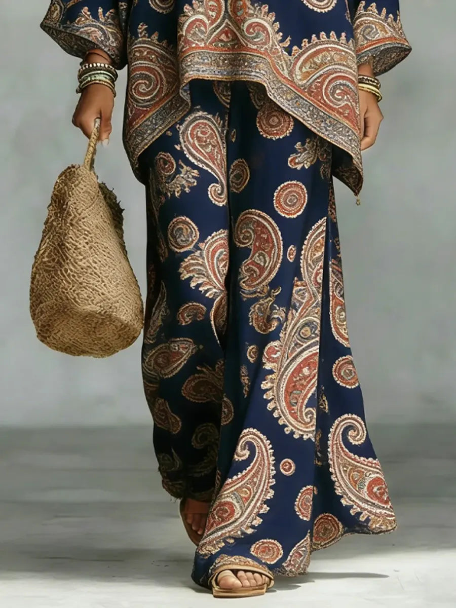 Vintage Ethnic Art Comfortable Loose Cotton Linen Wide-Leg Pants Two-Piece Set