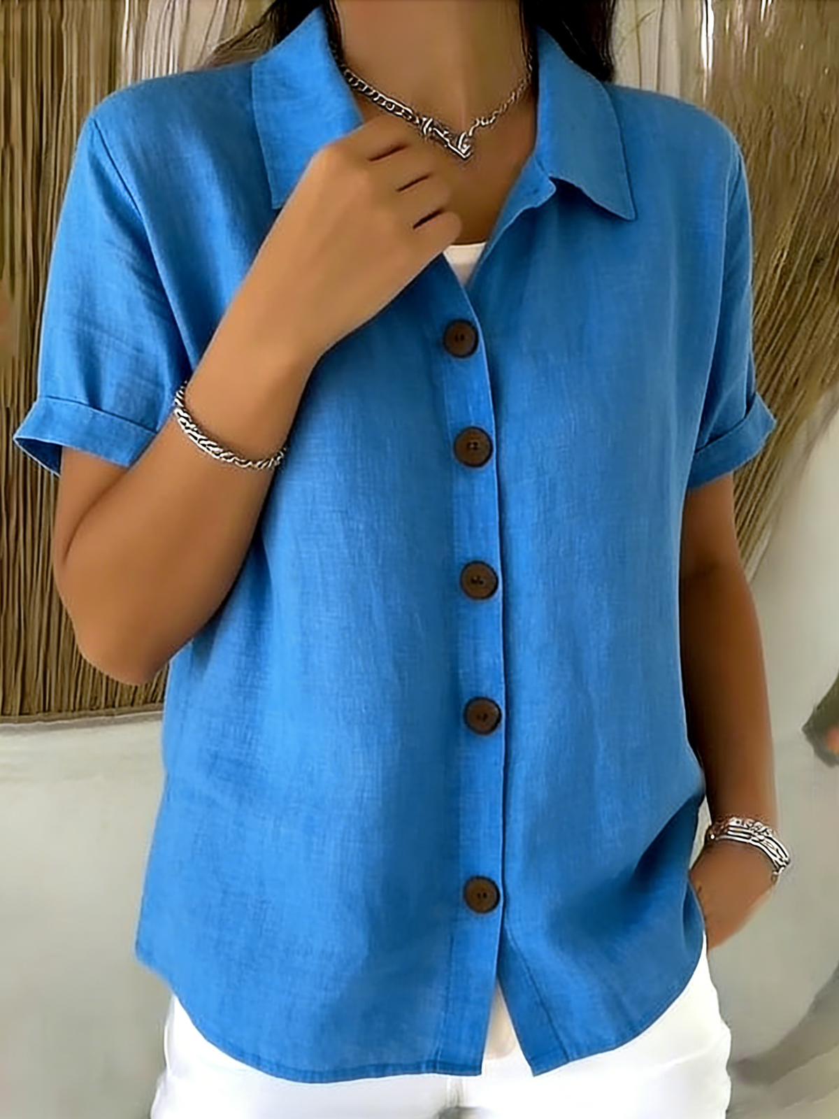 Linen Cotton Cozy Basic Button-Up Shirt with Casual Short-Sleeve Summer Blouse