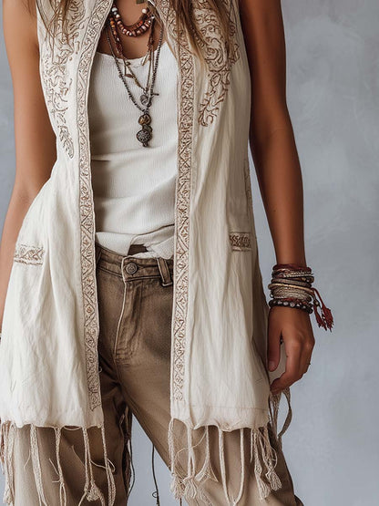 Retro Embroidered Tassel Hem Cotton Linen Mid-Length Vest