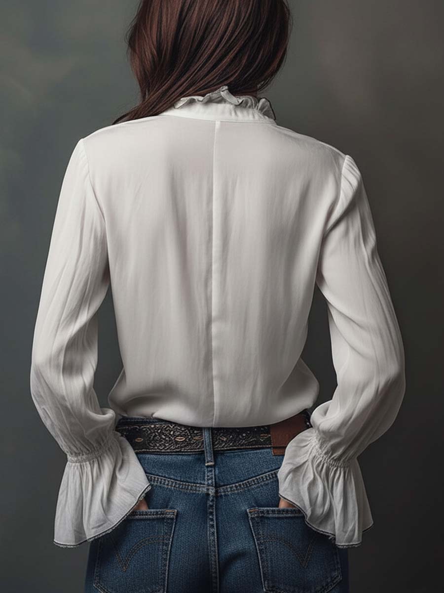White Zip-Front Blouse with Flounce Cuffs