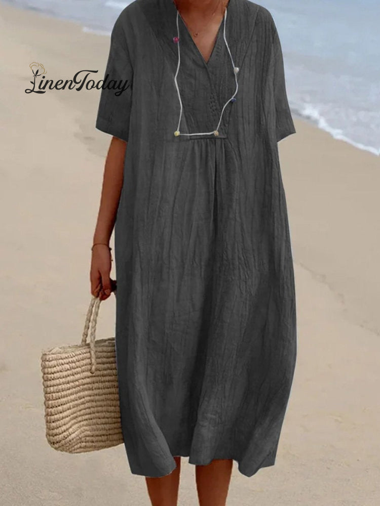 Solid Color Cotton and Linen Short-Sleeve Dress