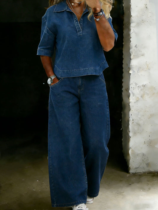 Retro Casual Denim Loose Shirt and Wide-Leg Pants Set