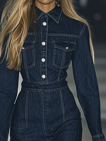 [24-Hour Shipping Out]casual Slim Fit Vintage Lace-Up Long-Sleeve Denim Maxi Dress
