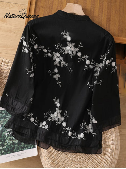 Art Retro Embroidery 3/4-Sleeve Patchwork Shirt