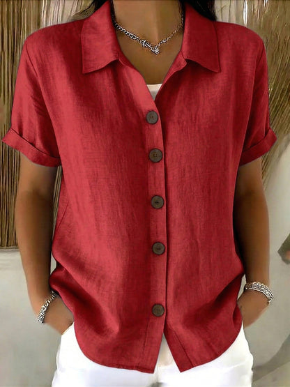 Linen Cotton Cozy Basic Button-Up Shirt with Casual Short-Sleeve Summer Blouse