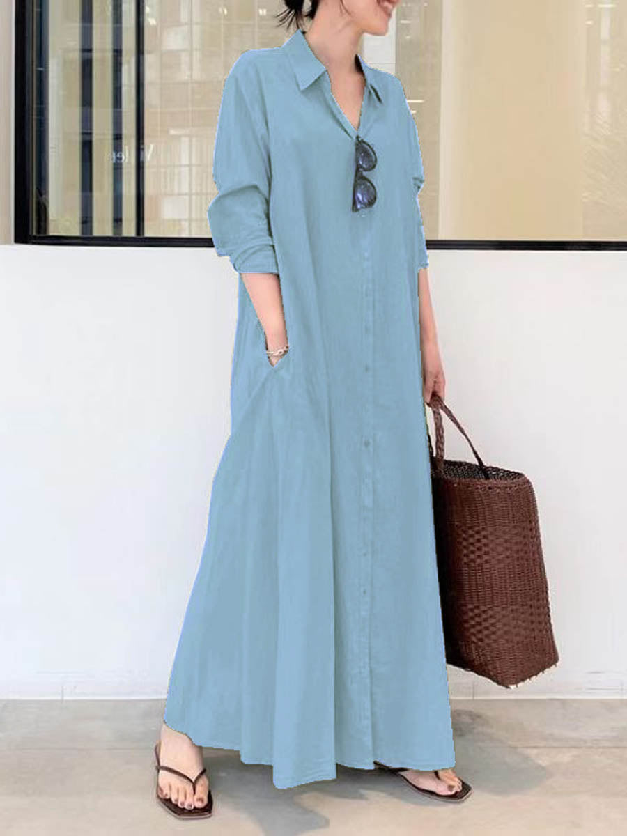 Solid Color Casual Loose Elegant V-Neck Cotton and Linen Pocket Shirt Dress