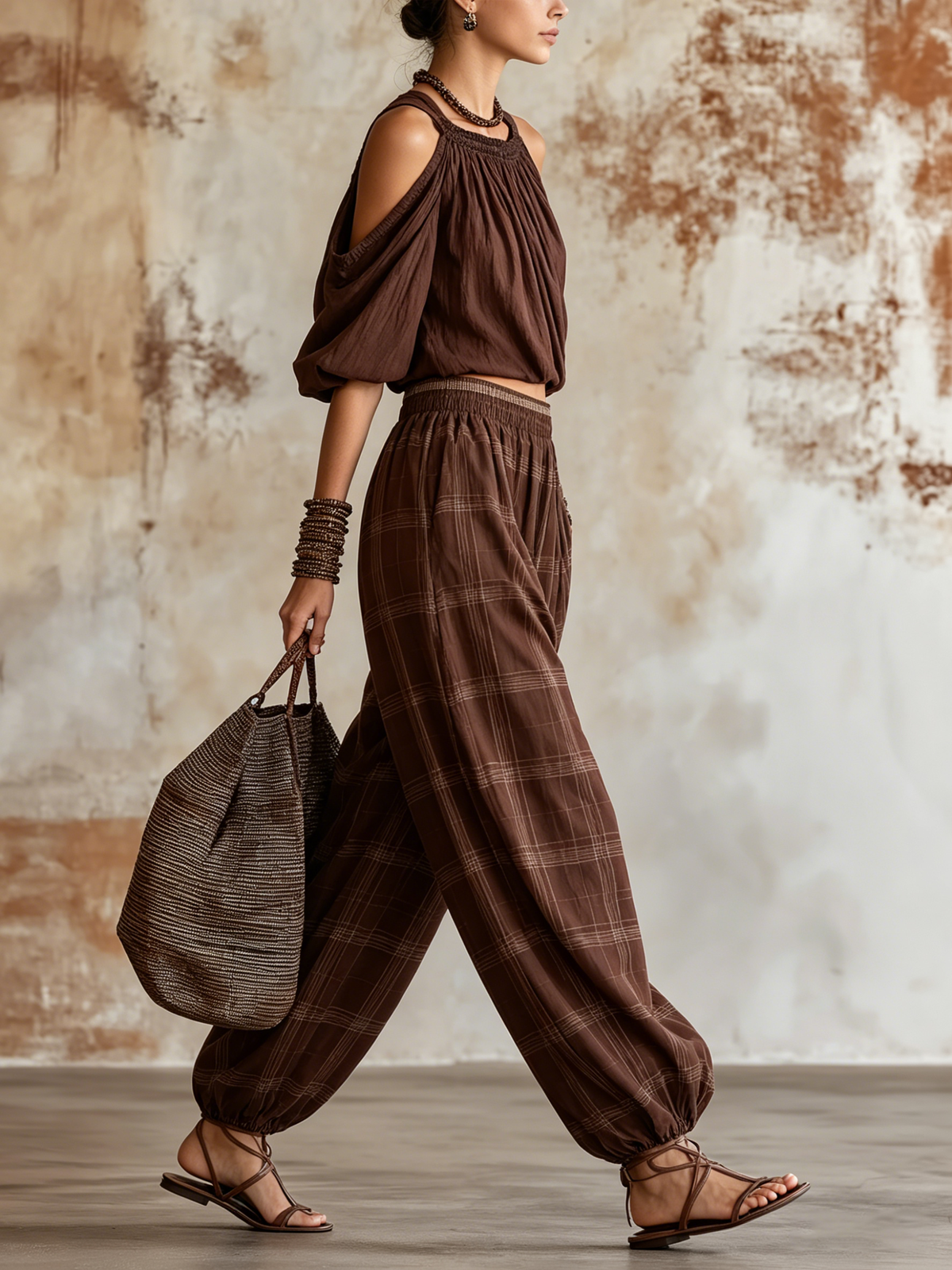 Chocolate Brown Plaid Cold-Shoulder Top and Harem Pants Loungewear Set