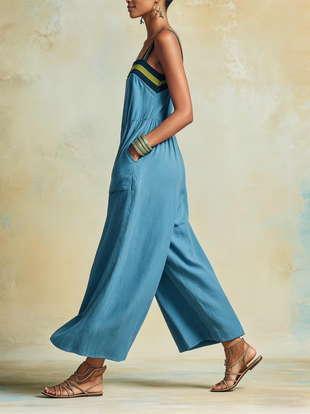 Airy Wide-Leg Tencel Jumpsuit with Bold Colorblock Trim