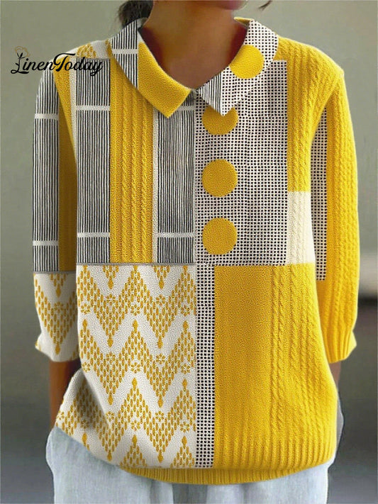 Vintage Abstract Geometric Art Print Casual Peter Pan Collar 3/4-Sleeve Sweater