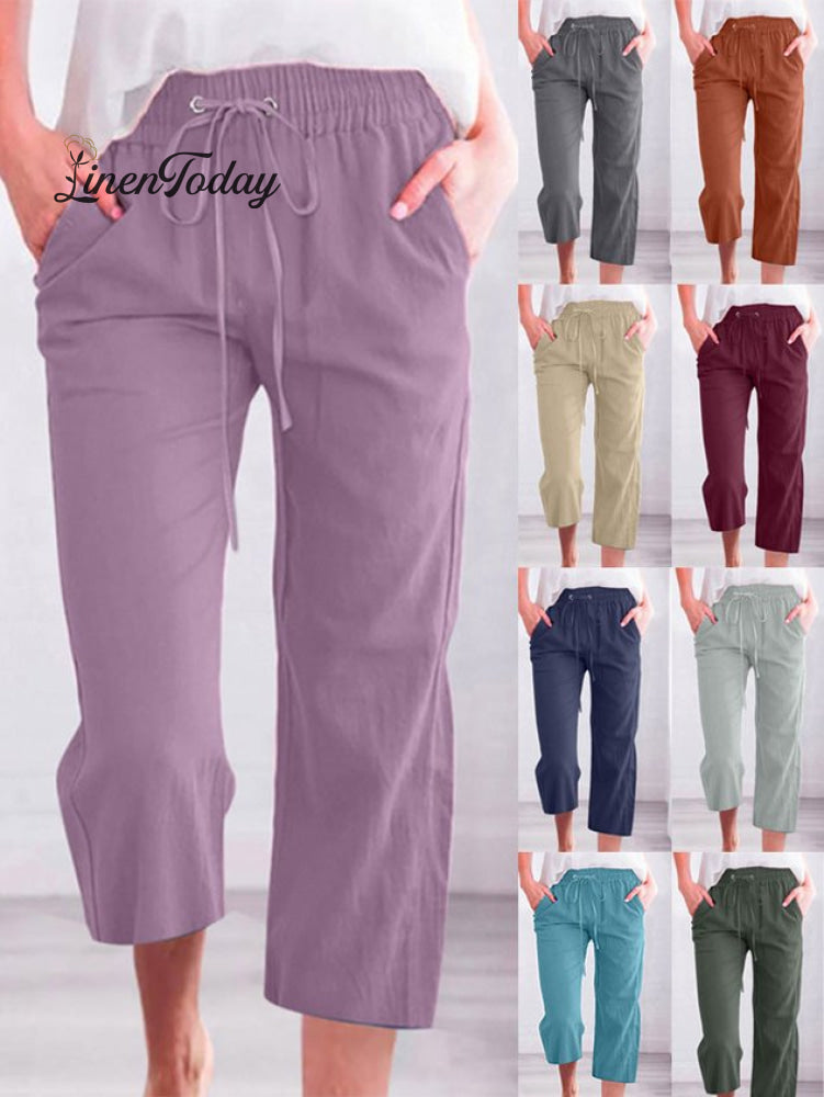 Casual Summer Linen Pants High-Waisted Loose Yoga Sweatpants Crop Pants with Pockets