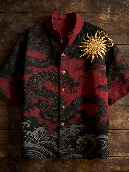 Japanese Ocean and Dragon Totem Men's Linen Short-Sleeve Shirt