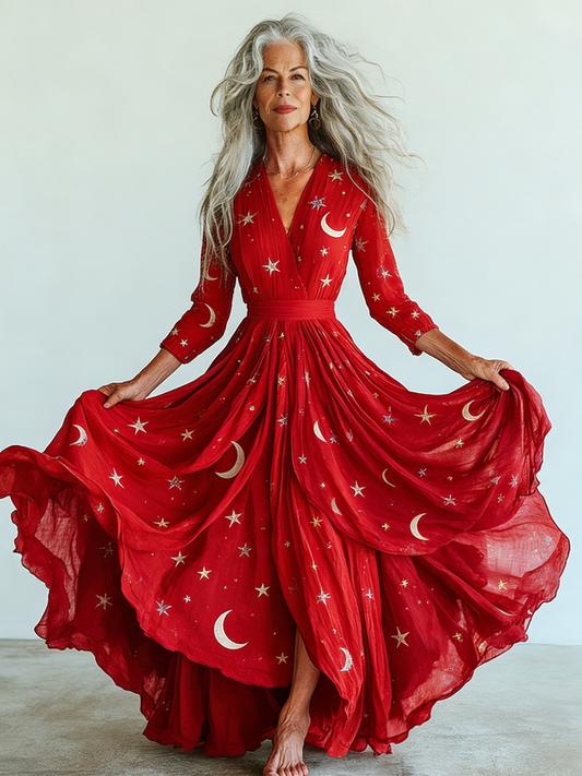 Embroidered Retro Loose Embroidered Printed Contrast Color Dress4789