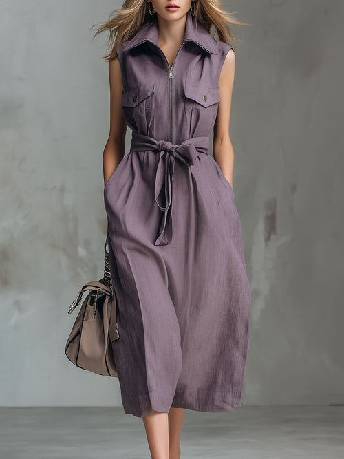 Solid Color Lapel Sleeveless Casual Loose Cotton and Linen Dress