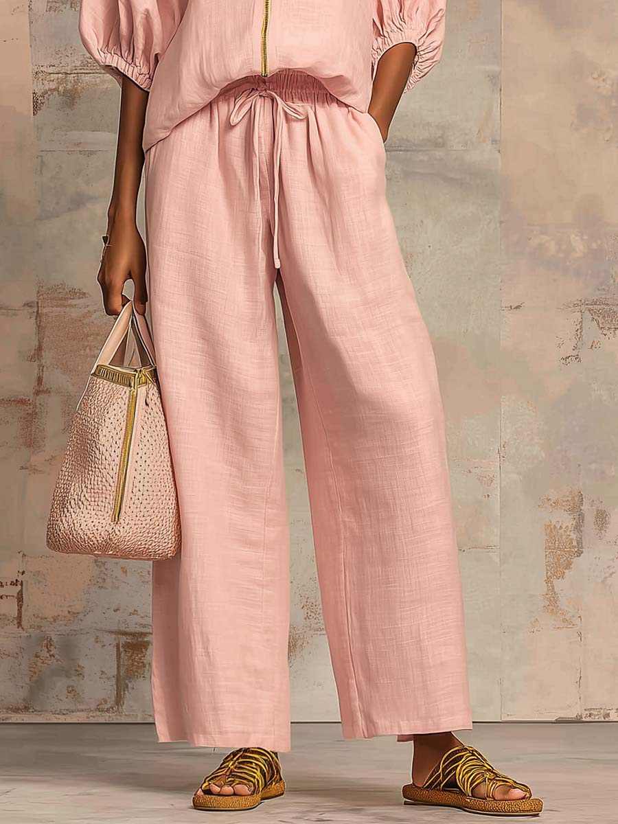 Stylish Cozy Shirt and Wide-Leg Pants Linen Cotton Two-Piece Set