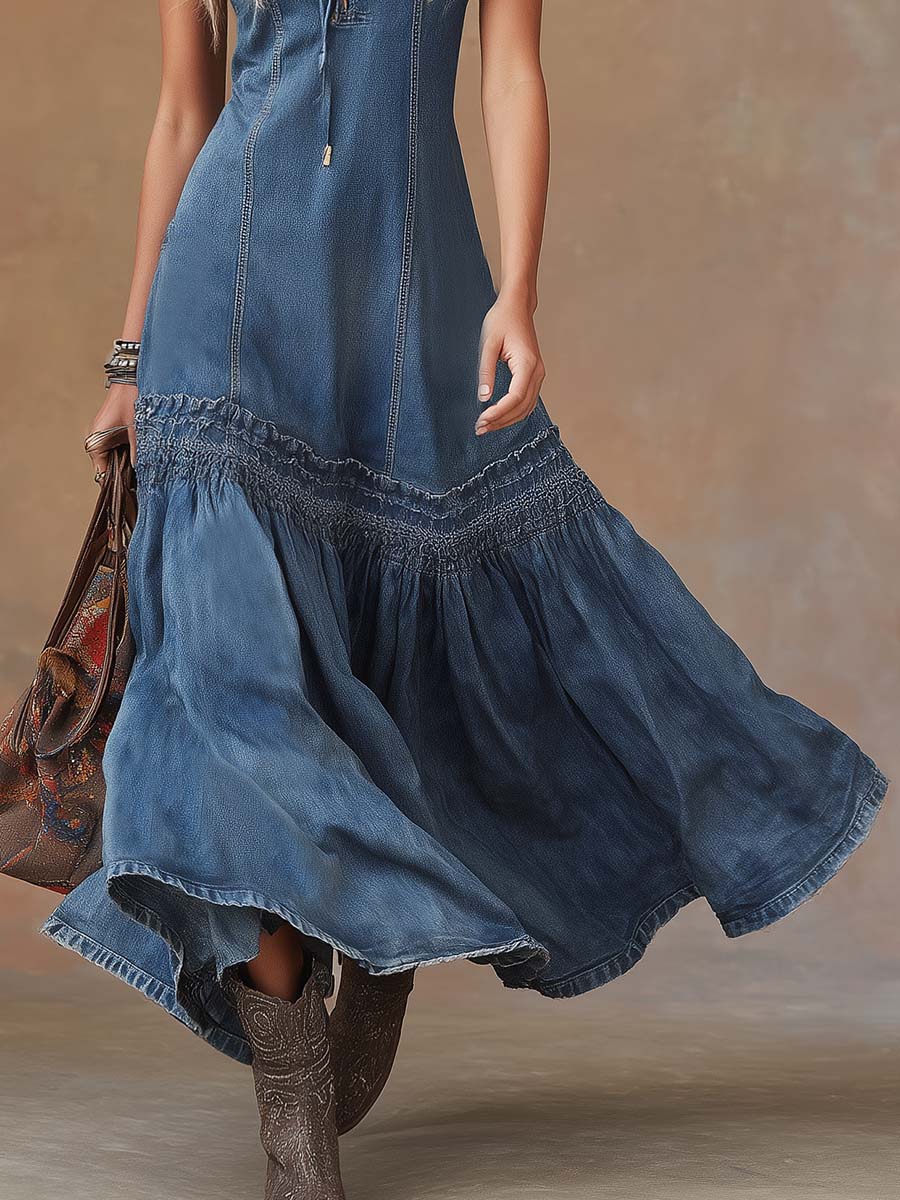 Elegant Vintage Western Tie-Neck Sleeveless Bubble Hem Blue Denim Maxi Dress