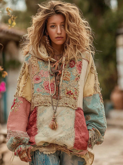 Vintage Bohemian Floral Panel Cozy Warm Hoodie