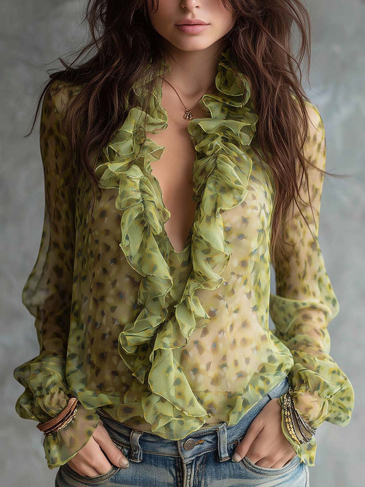 Sheer Lime Green Floral Ruffle Plunge Blouse