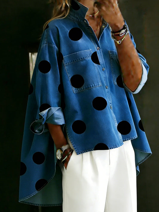 Polka Dots Casual Loose Denim Blouse Shirt
