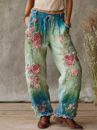 Love and Health Collection Retro Western Women Style Vintage Rose and Floral Patchwork Art Linen Pants