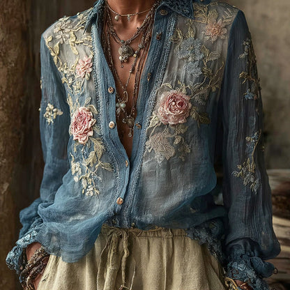 Vintage Bohemian Floral Pattern Linen Long-Sleeve Shirt