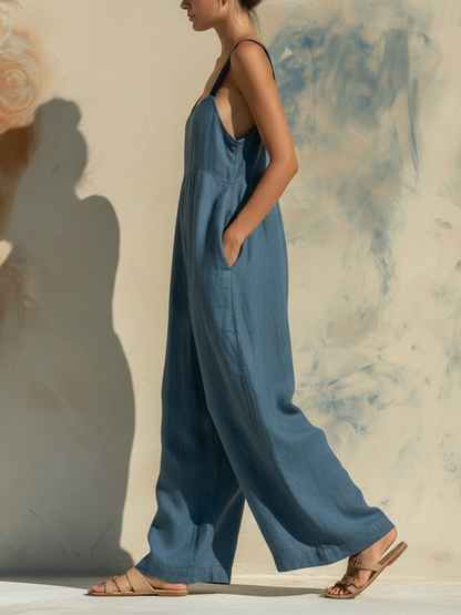 Blue Denim Wide-Leg Jumpsuit with Contrast Straps