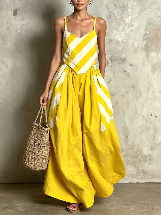 Yellow and White Striped Cami Top and Wide-Leg Pants Set