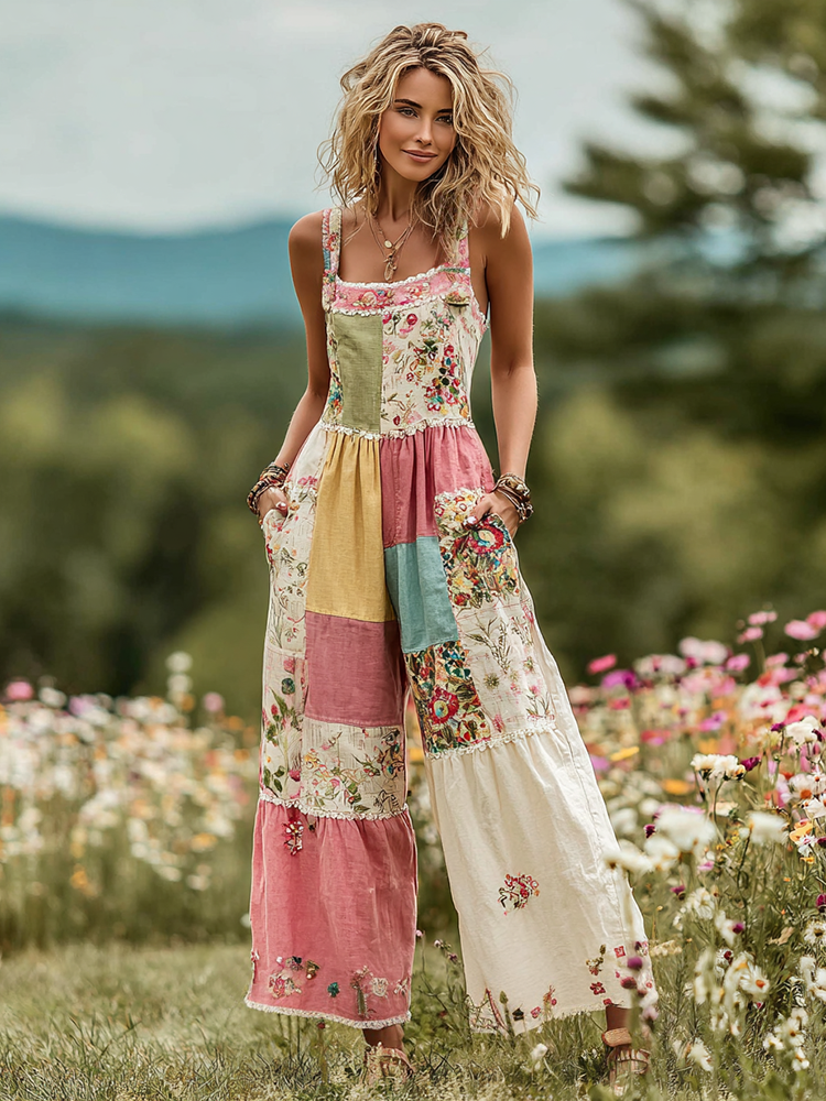 Vintage Floral Art Patch Comfy Jumpsuit