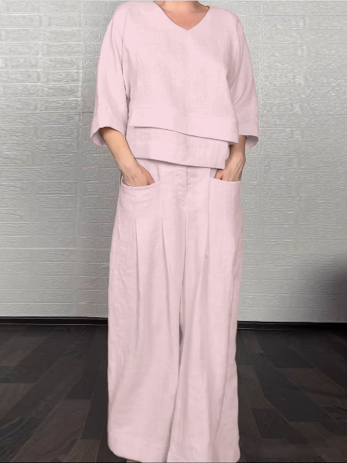 Casual Solid Color Irregular Cotton and Linen Shirt and Pats Suit