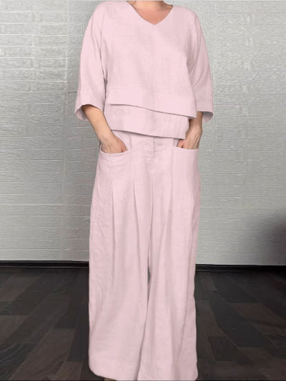 Casual Solid Color Irregular Cotton and Linen Shirt and Pats Suit