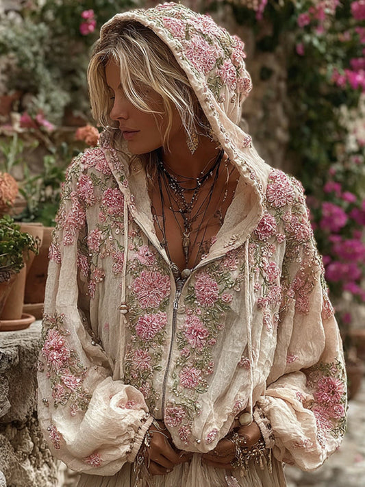 Bohemian Style Pink Rose Vintage Zip-Up Hoodie