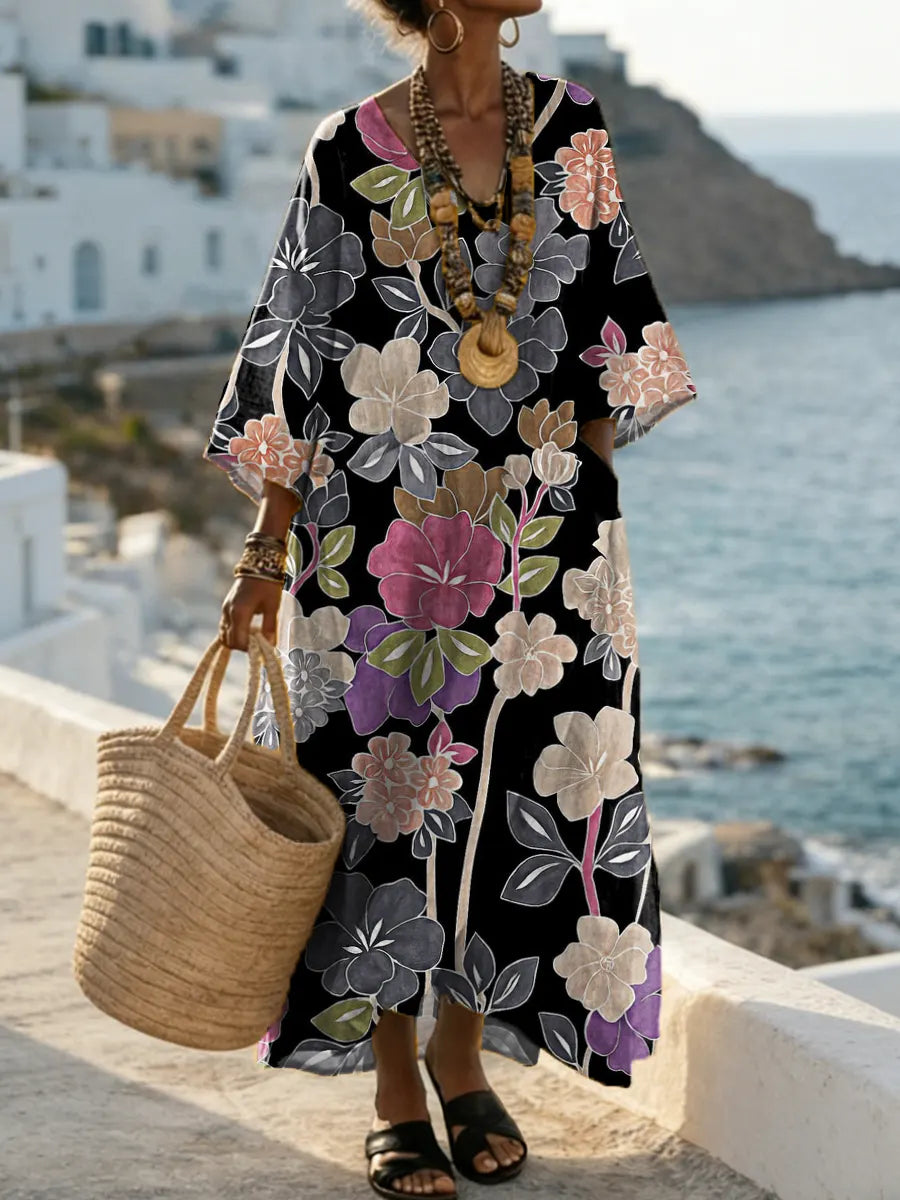 Vintage Floral Pattern Art Print Casual Cotton Dress