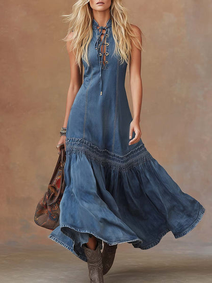 Elegant Vintage Western Tie-Neck Sleeveless Bubble Hem Blue Denim Maxi Dress