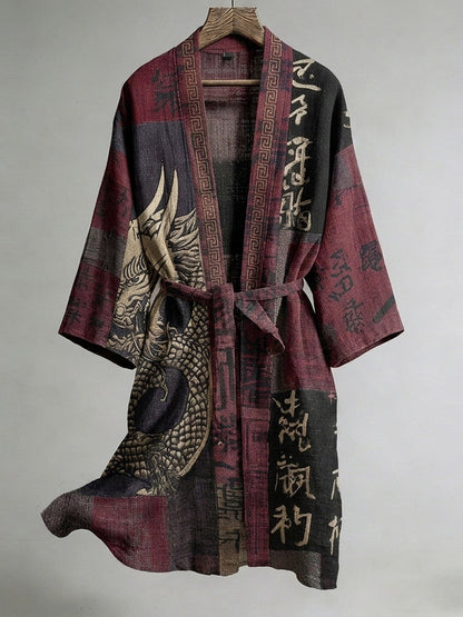 Japanese Calligraphy and Dragon Art Combined in a Linen Blend Kimono