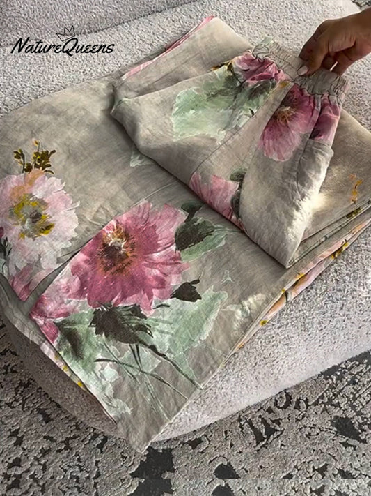 Vintage Floral Print Casual Cotton and Linen Pants