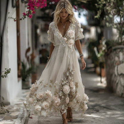 Vintage Floral Embroidery Art Comfy Linen Maxi Dress