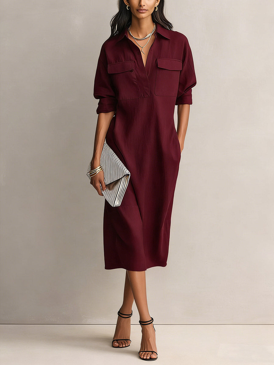 Solid Color Lapel Collar Long-Sleeve Casual Loose Cotton Linen Dress