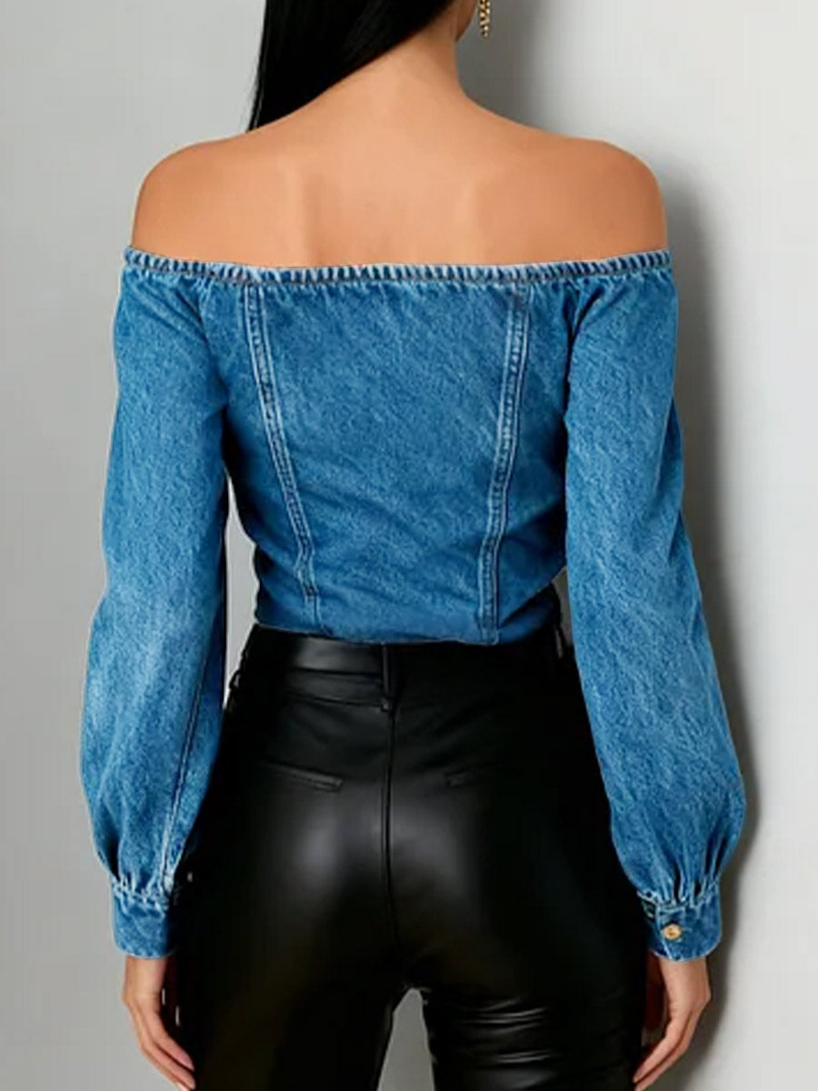 Off-The-Shoulder Long-Sleeved Loose-Fitting Denim Top
