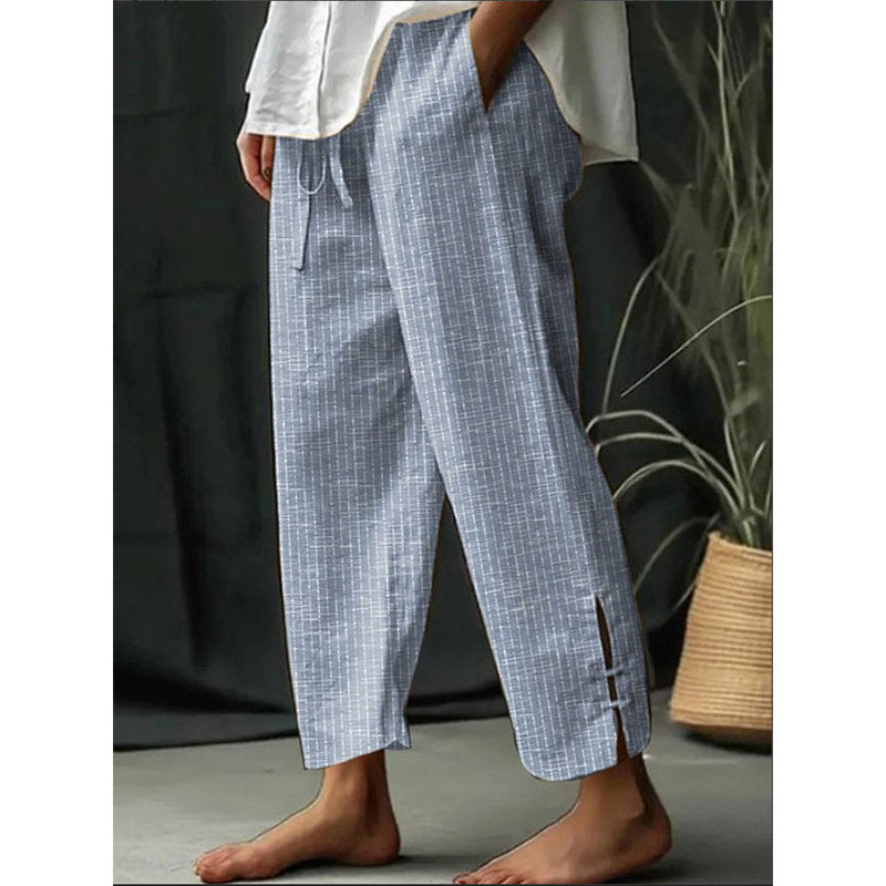 Vintage Stripe Art Printed Cotton and Linen Casual Pants