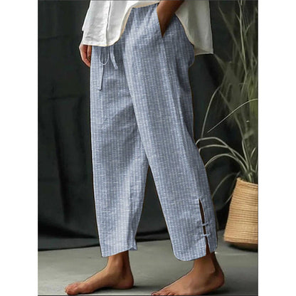 Vintage Stripe Art Printed Cotton and Linen Casual Pants