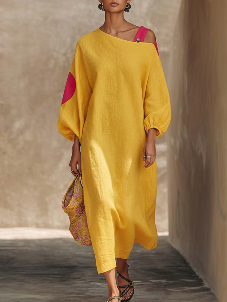 Casual Off-the-Shoulder Colorblock Loose Cotton Dress