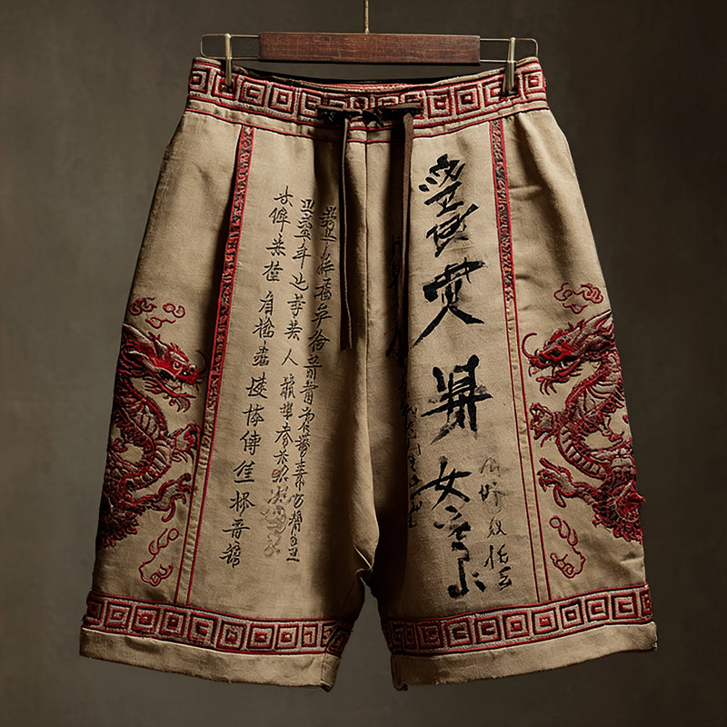 Men's Japanese Calligraphy and Dragon Art Linen Shorts