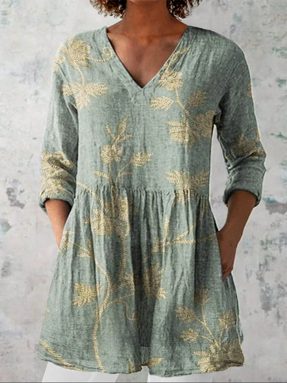 Retro Floral Art Print Casual Cotton and Linen Shirt